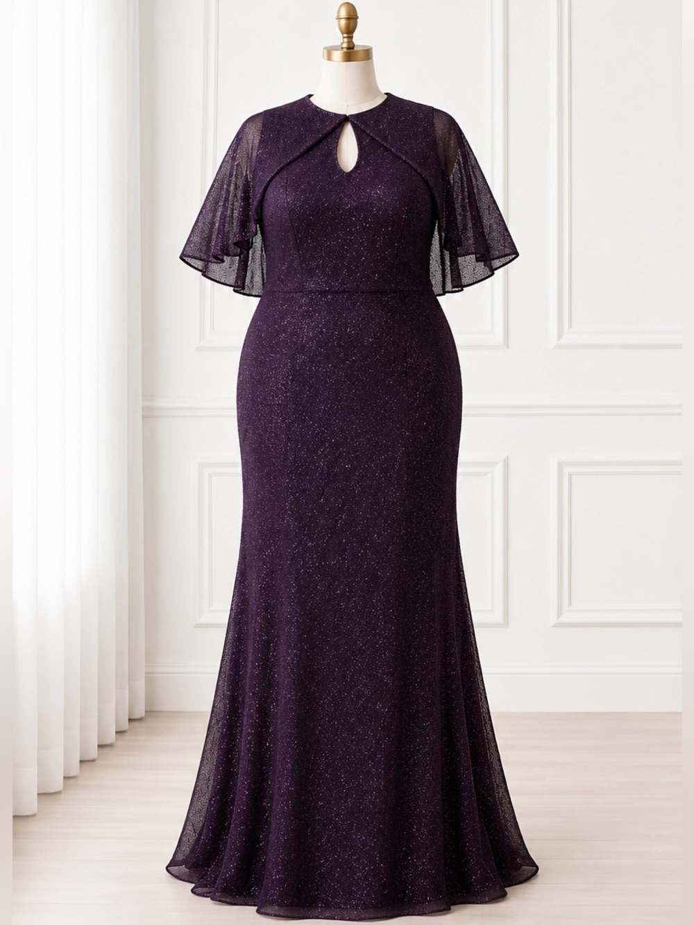 Mac Duggal Plum Sparkle Maxi Gown with Sheer Cape Sleeves